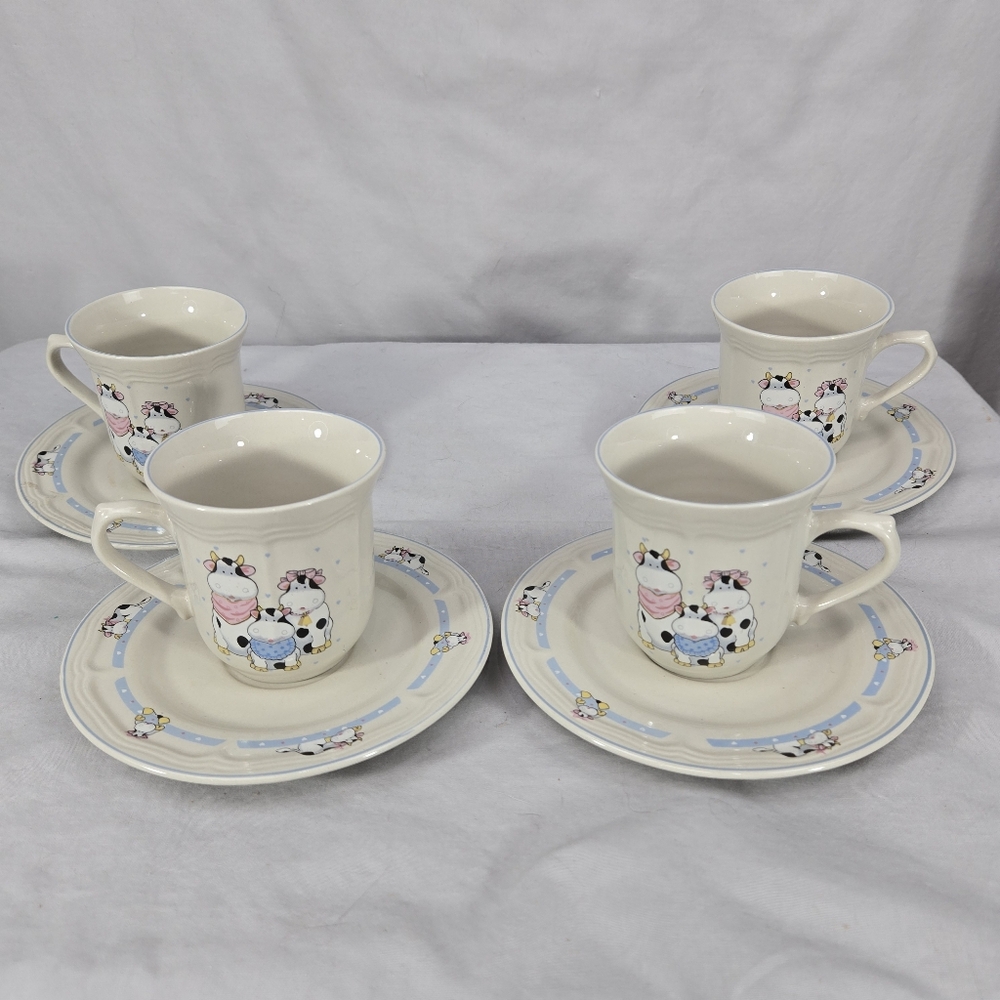 Lot Tienshan Holstien Cow Family Stoneware 4 Cup 4 Saucer Cups Saucers